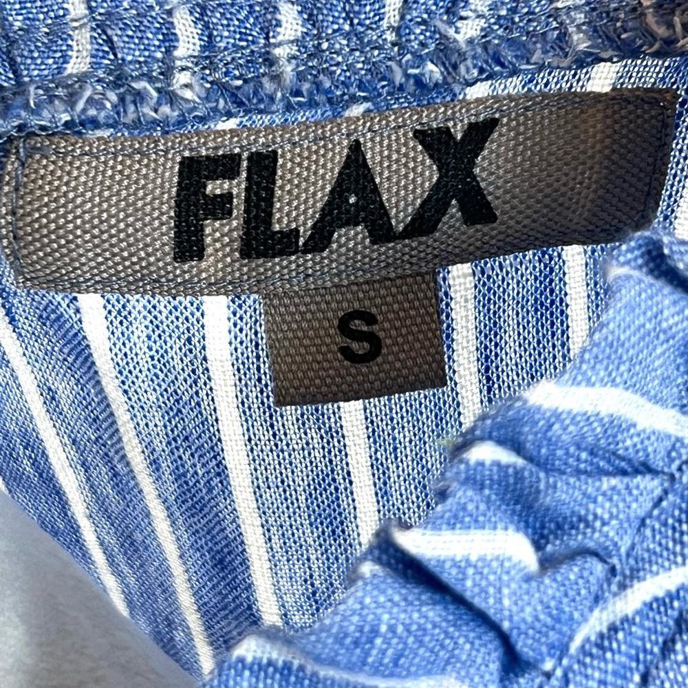 Flax Blue and White Striped Ruffle Neck Line Linen Dress SZ S EUC - Picture 2 of 7